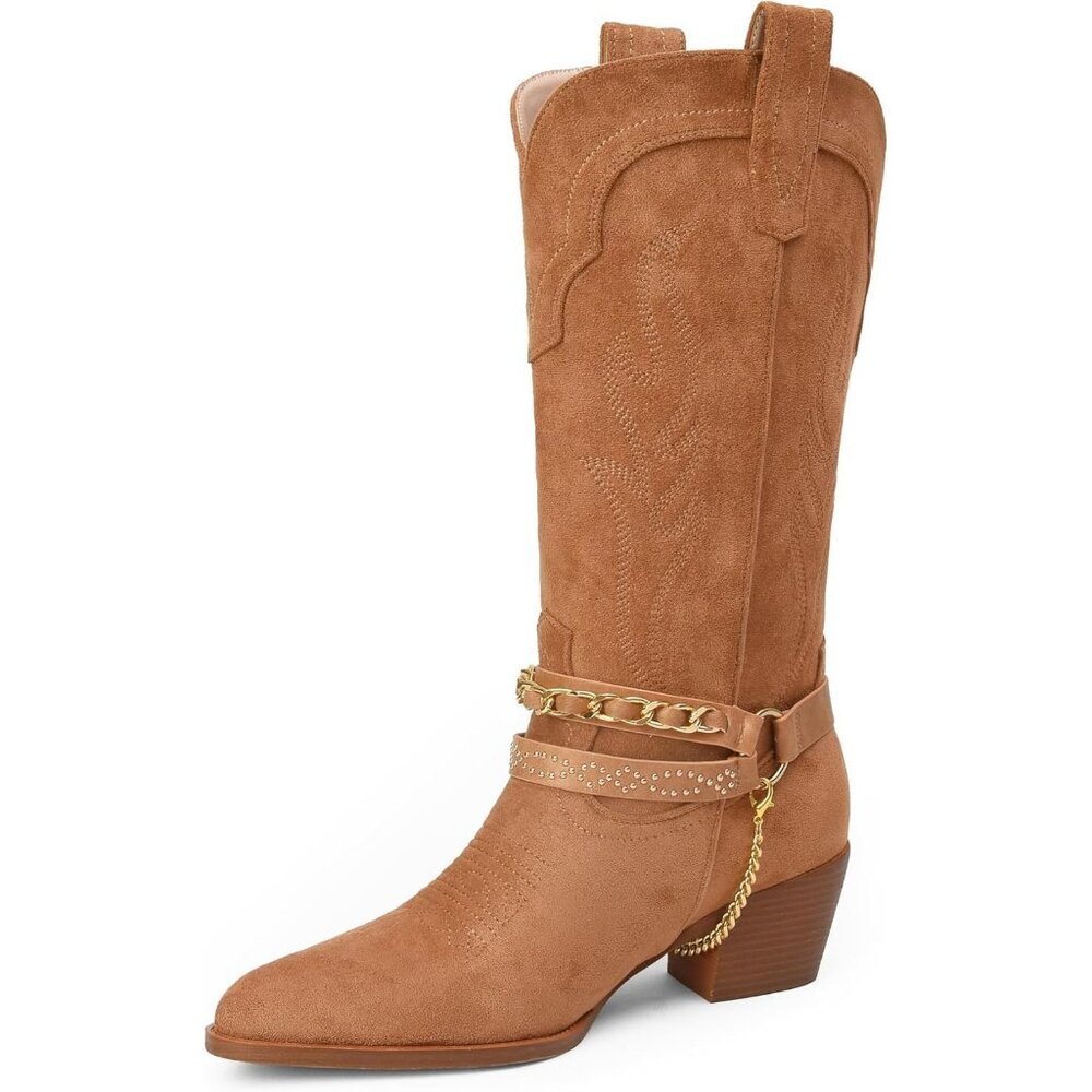⚡Women Brown Suede Faux Leather Chain Point Toe Chunky Heel Embroidered Boots